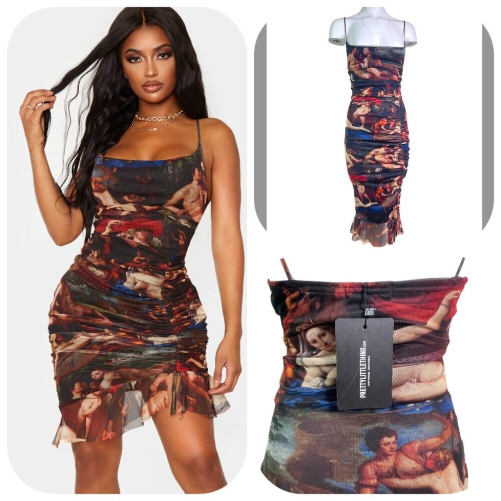 NWT Pretty Little Thing renaissance print mesh rushed Cowl midi dress
